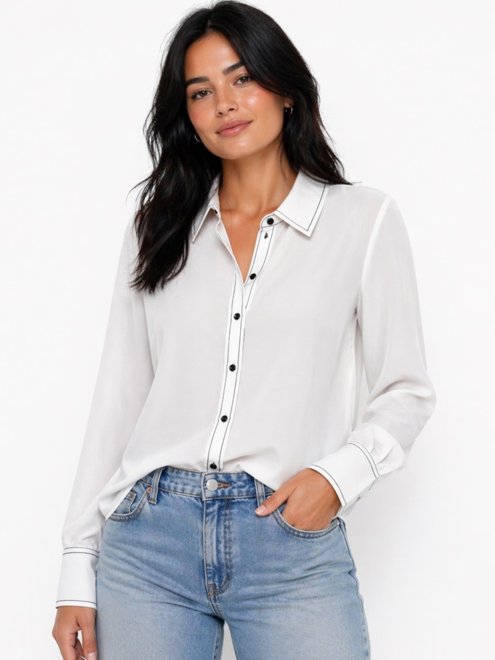 Karl Lagerfeld White Button-Front Shirt with Black Piping